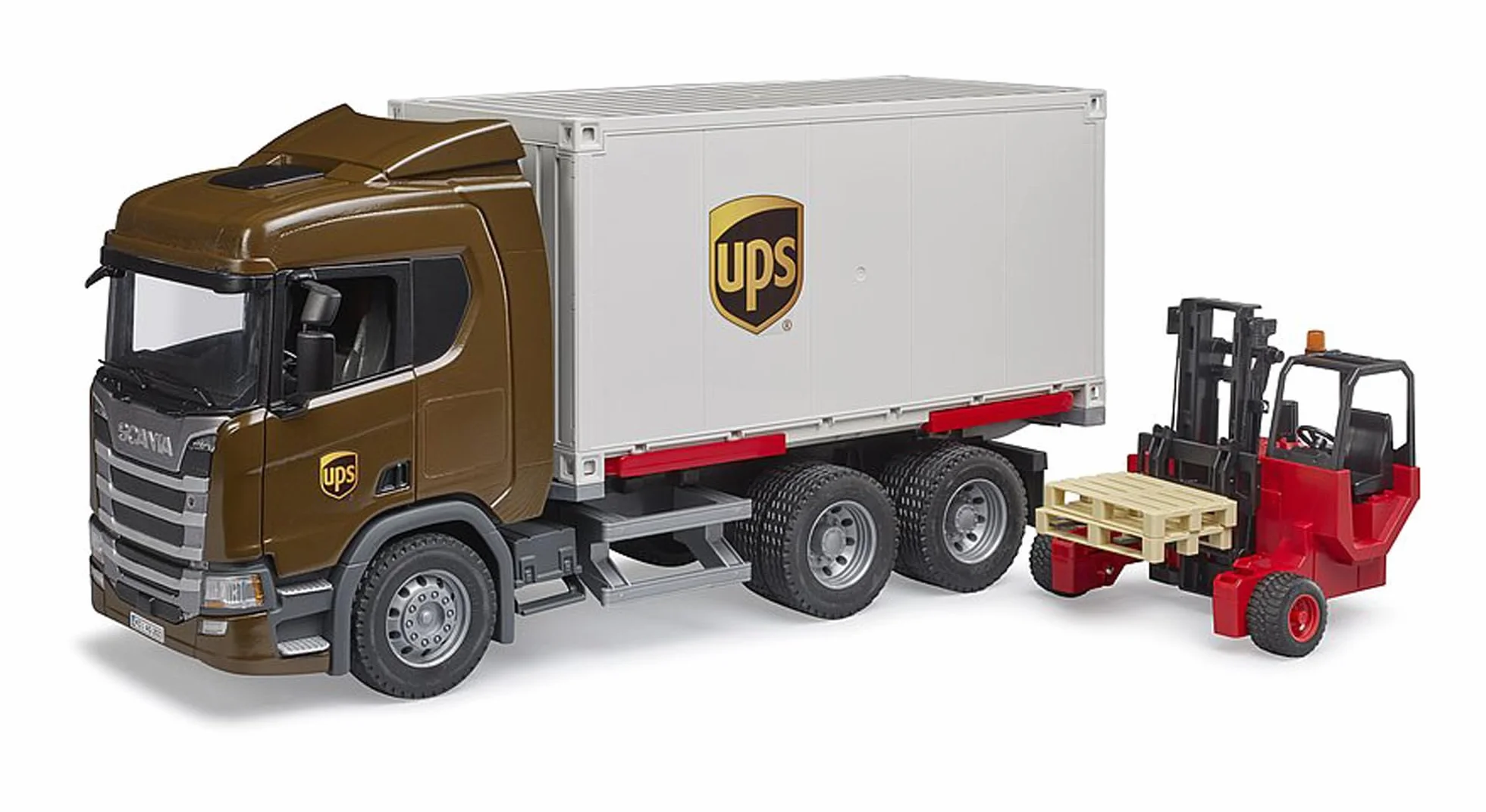 bruder 03582 - Scania Super 560R camion logistica UPS con carrello elevatore, veicoli, consegna pacchi, trasporto, carrello elevatore, trasportatore, giocattoli da 4+ anni
