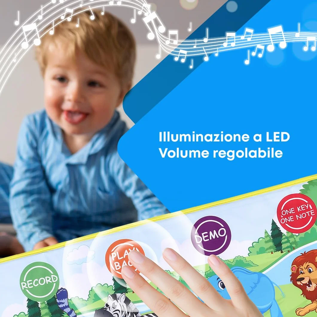 NK Tappetino Musicale per Bambini con 8 Suoni di Animali LED - Gioco Regali Bambino 3 4 5 annos, Tappeto Pianoforte Musicale Montessori, Regalo Natale e Compleanno, Funzione Record/Playback (110x36cm)