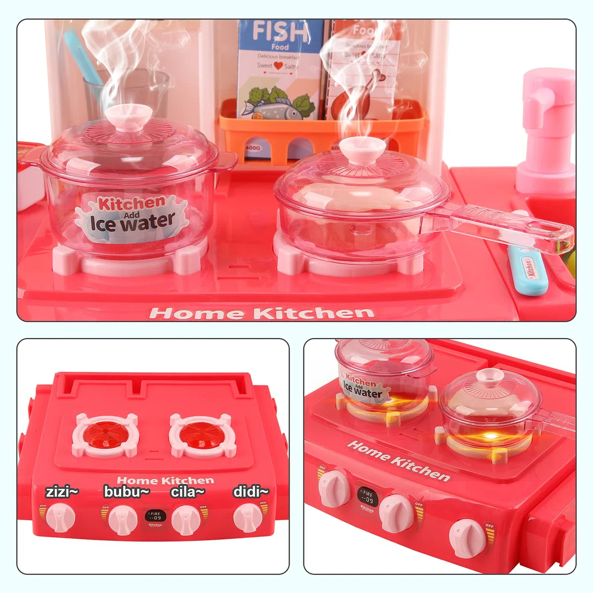 deAO Set da cucina "Mon Petit Chef" con 34 accessori, piastra di cottura a induzione, acqua, luce e suono (rosa)