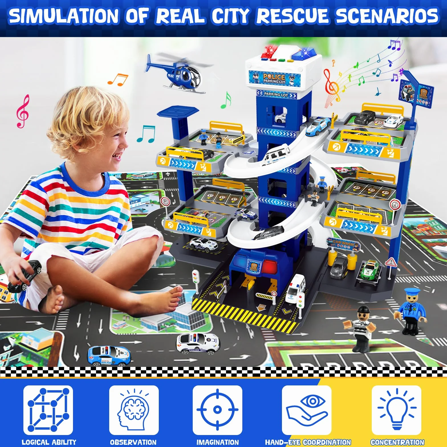 FORMIZON 5 Piani Parcheggio per Bambini dai 3 Ann, Parcheggio Macchinine con Garage, Ascensore, Rampe, Effetti Sonori e Luminosi, Garage Mmacchine per Bambini con 8 Autos e 3 Elicottero (Blu)