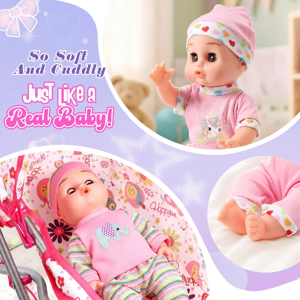 HappyGoLucky Passeggino con Bambola da 28 cm, Vestiti e Accessori Bambole Gioco di Ruolo Bambina 3-7 Anni Carrozzina per Bambole Regalo Bambina 2-8 Anni Giocattoli Bambino
